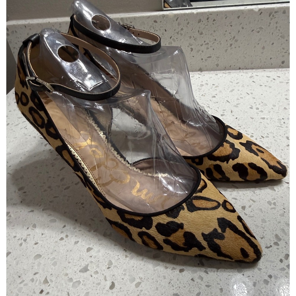 Sam Edelman dOrsay Pumps Leopard Calf Hair GUC Ankle Strap Pointed Toe 8.5M